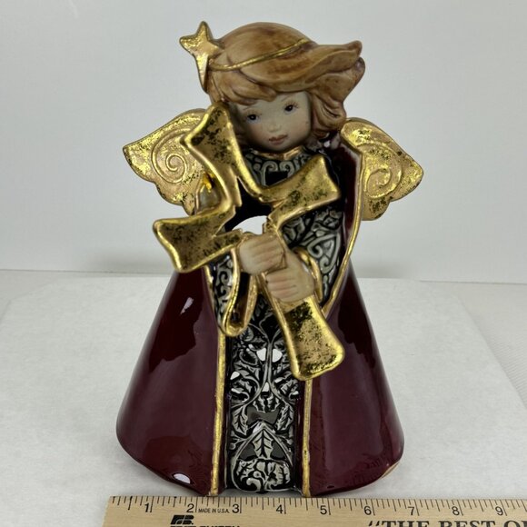 Vintage Ceramic Angel Candle Holder With Star Bow 8.5" Tall Gold & Burgundy Chr - Picture 9 of 10